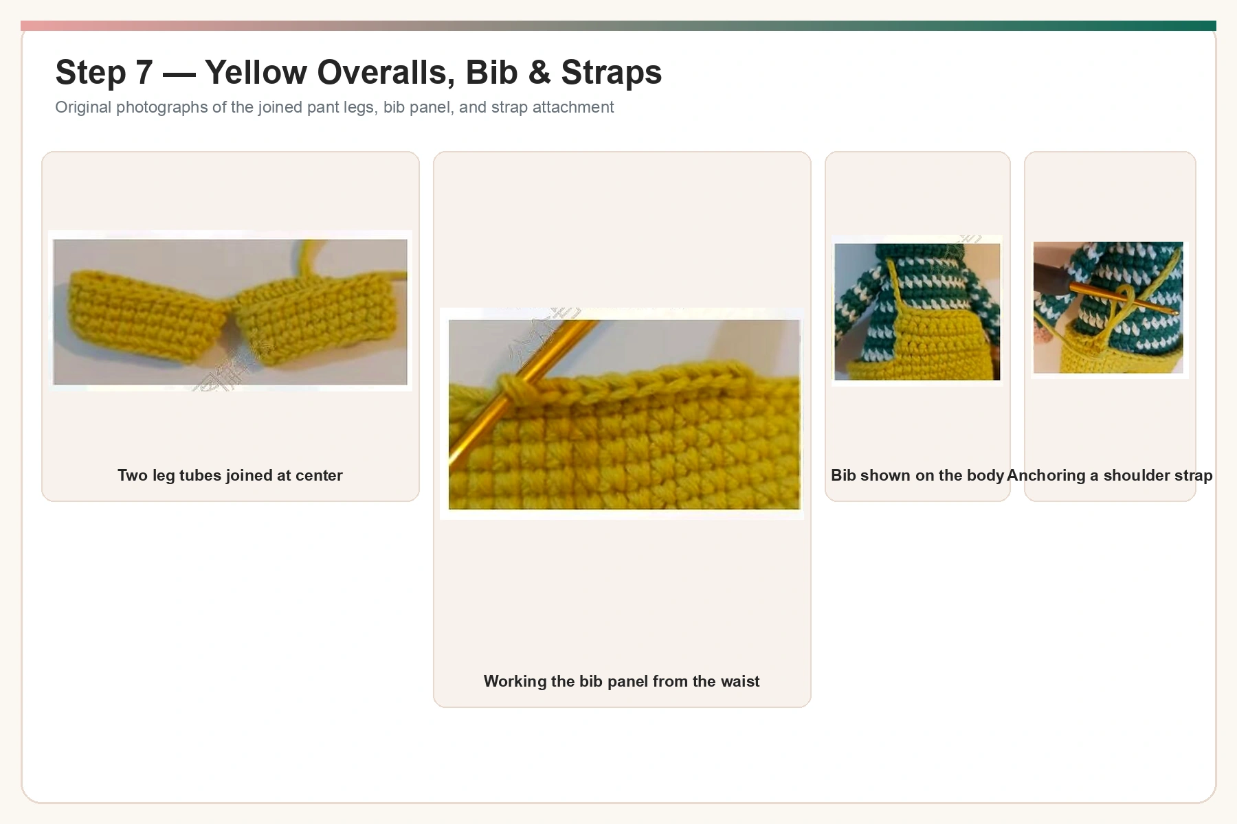 Original crochet overalls bib and strap step photographs enhanced and upscaled