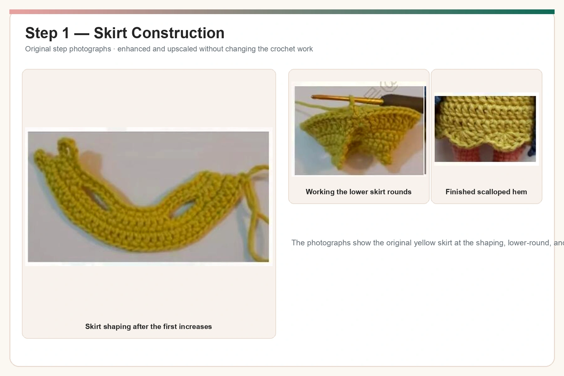 Original crochet skirt step photographs enhanced and upscaled