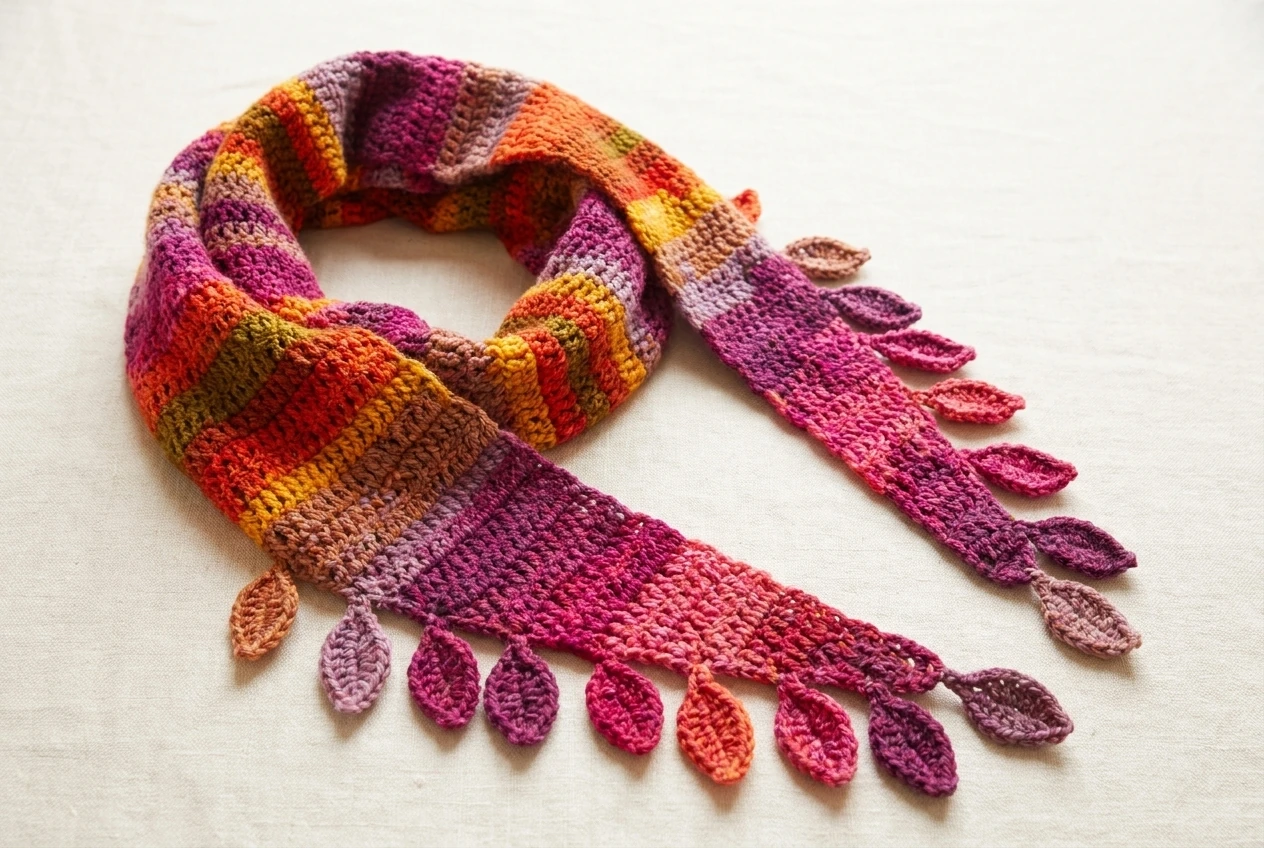Falling leaves crochet scarf pattern styling illustration in rich autumn colors