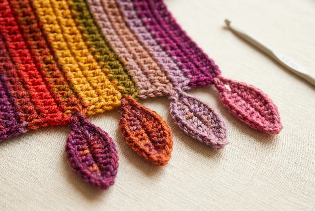 Falling leaves crochet scarf pattern edge inspiration with plum, orange, and lilac leaf motifs