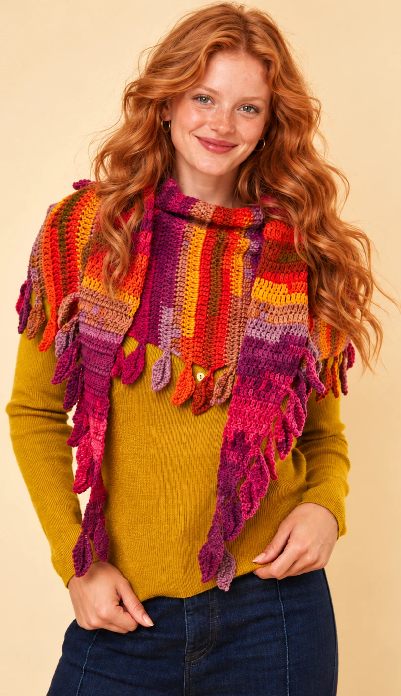 Original falling leaves crochet scarf pattern worn over a mustard sweater