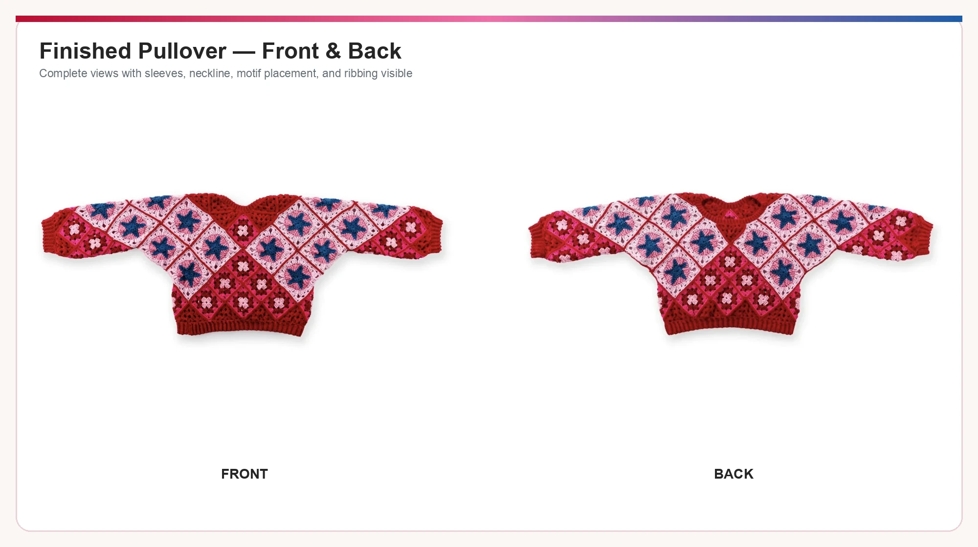 Finished crochet star motif pullover laid flat