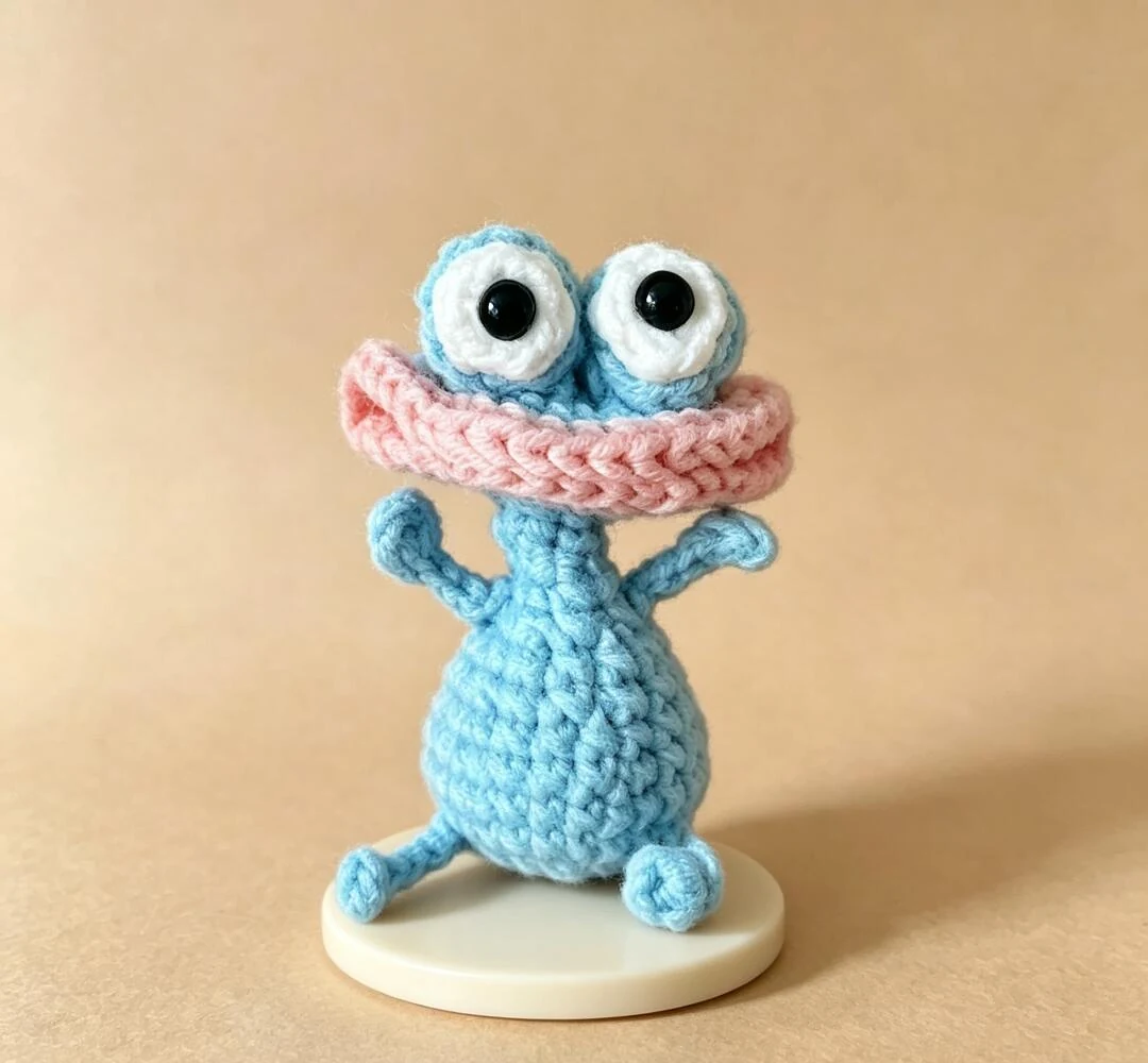 Blue crochet fish character with raised white eyes, a broad pink mouth and small limbs