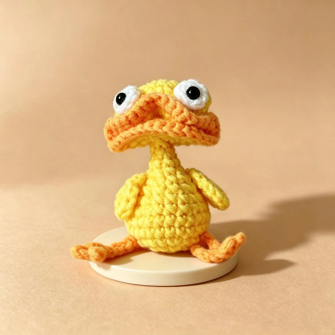 Yellow crochet duck with oversized white eyes, an orange beak and small orange feet