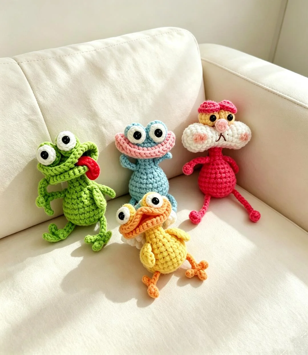 Funny crochet animals in green, blue, pink and yellow arranged together on a cream sofa