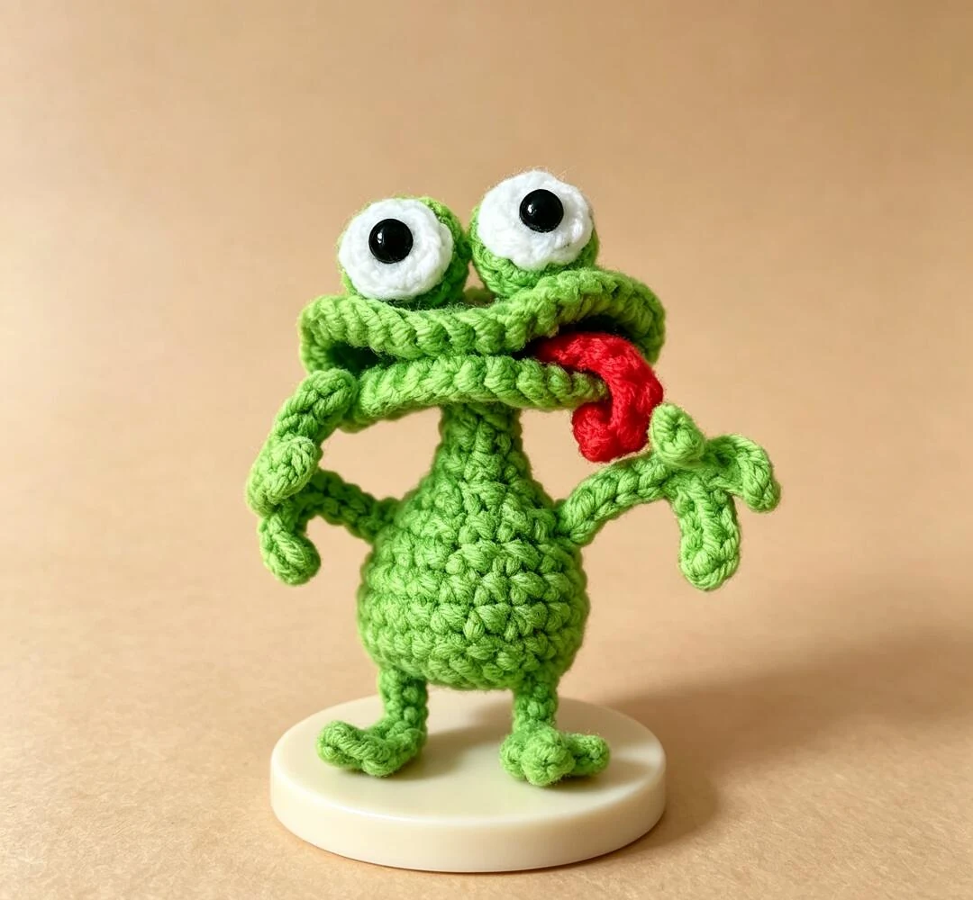 Green crochet frog with raised white eyes, a wide mouth, red tongue and branched fingers