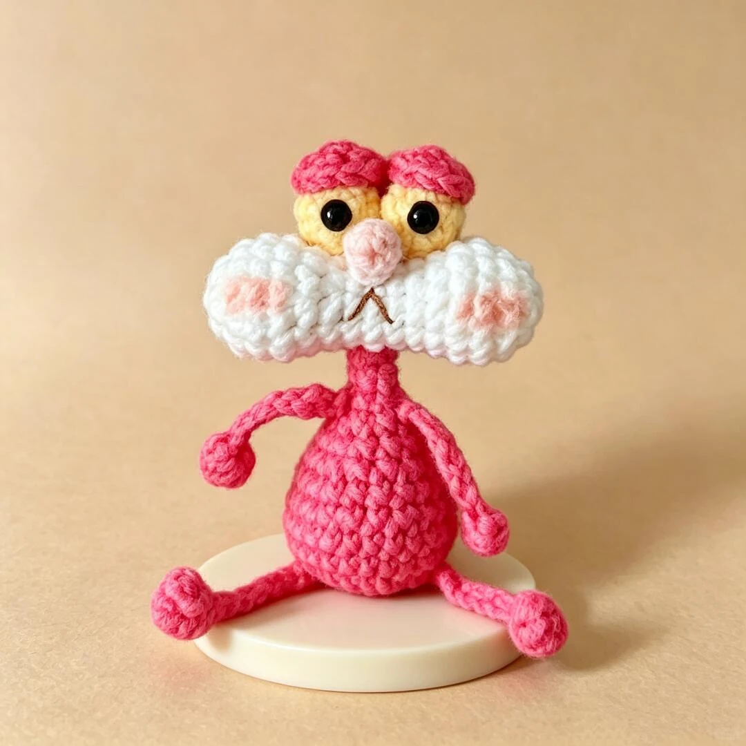 Pink feline crochet character with cream eye cups, pink eyelids and a large white muzzle