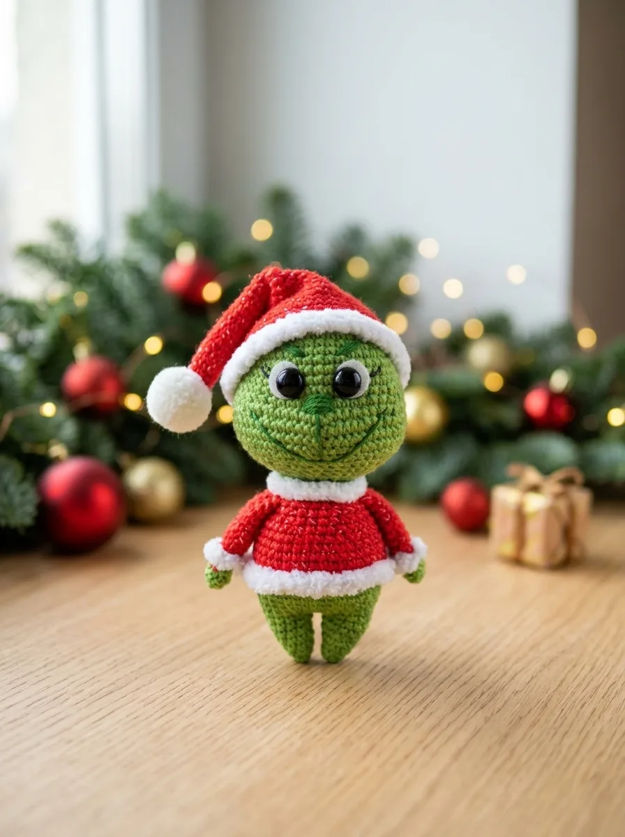 Green Christmas amigurumi character displayed beside a tree with warm holiday lights