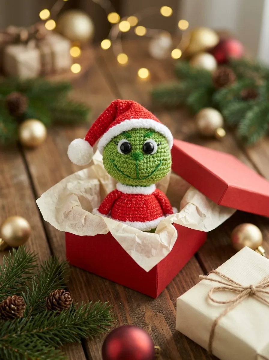 Christmas crochet character styled in a red gift box as handmade gift inspiration