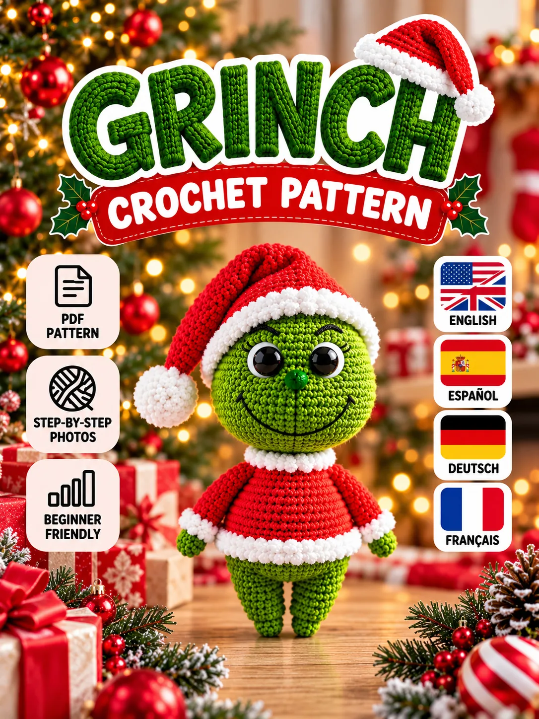 Grinch crochet pattern PDF cover with step-by-step photo instructions and four language options
