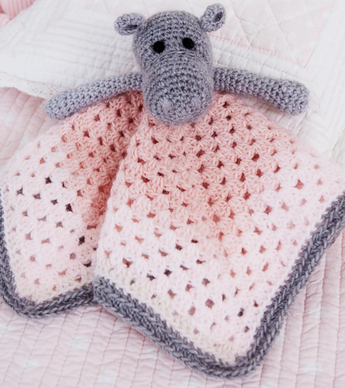 Hippo lovey crochet pattern original gray hippo and pink blanket without title text
