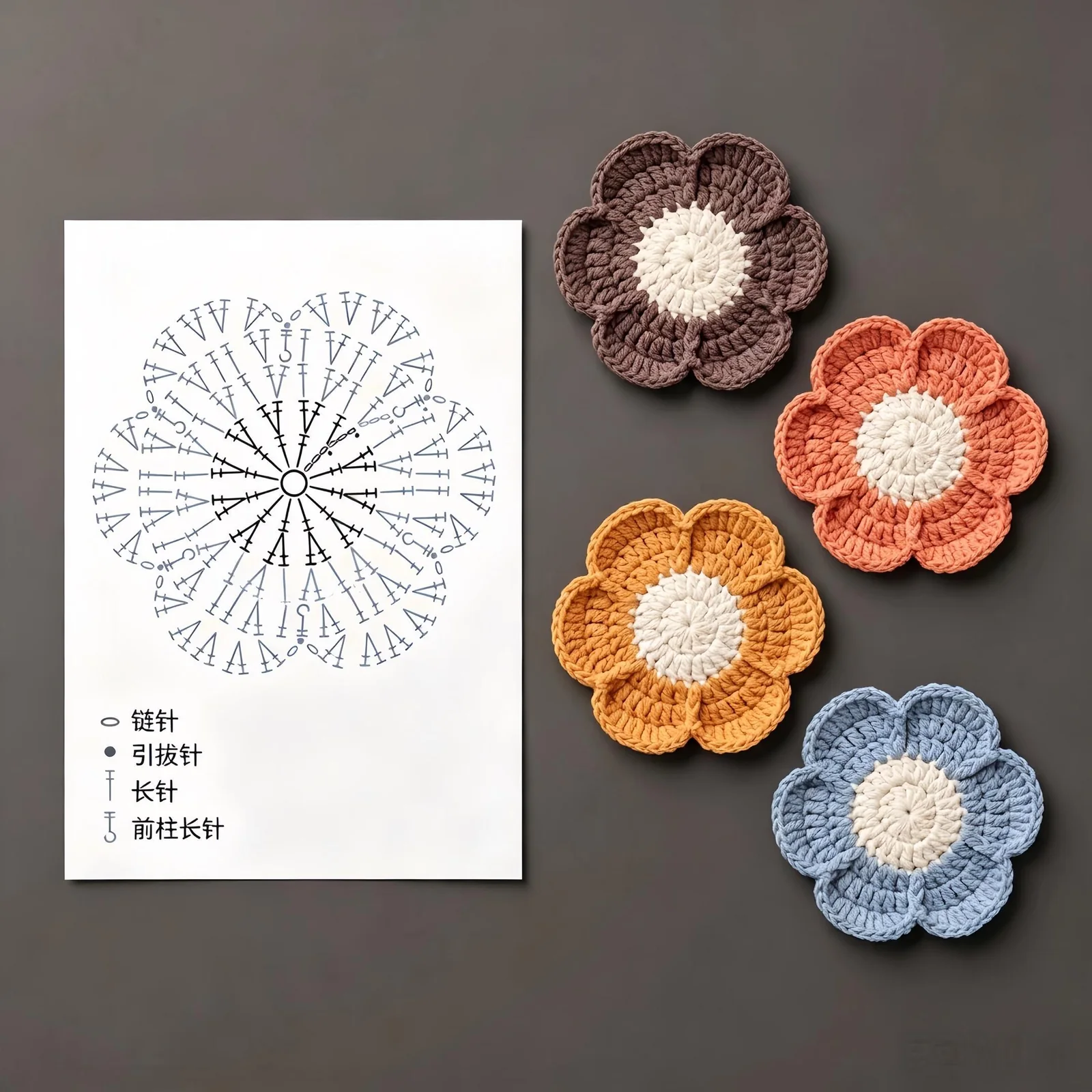 Layered six-petal crochet flowers in purple peach and coral beside a chart