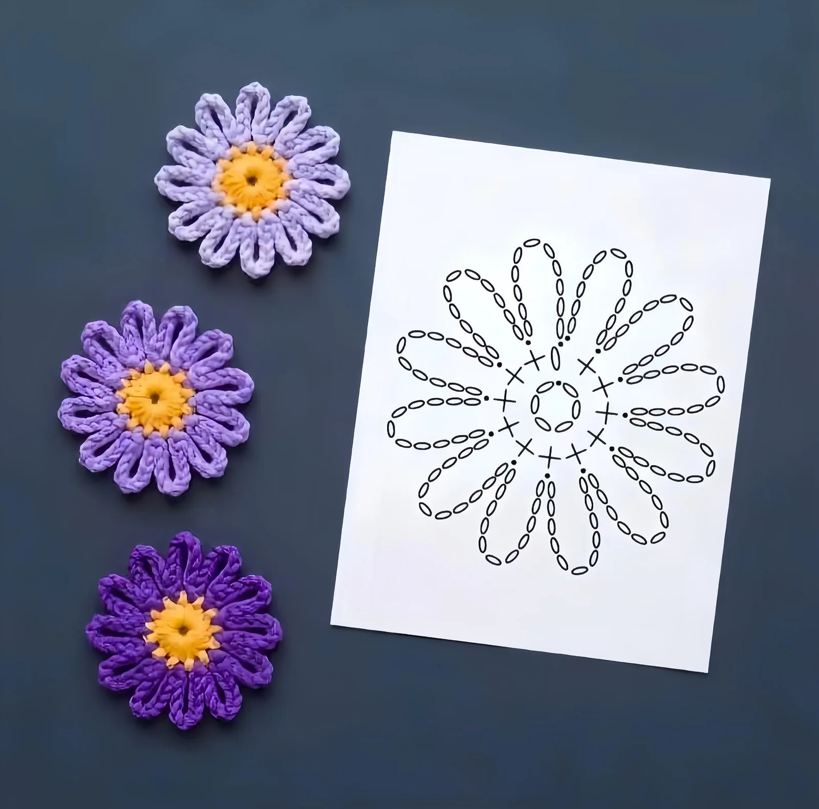 Purple loop-petal crochet flower chart with three finished examples