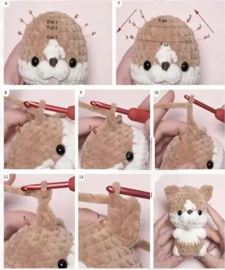 Corgi ear placement markers and the crochet sequence for pointed ears