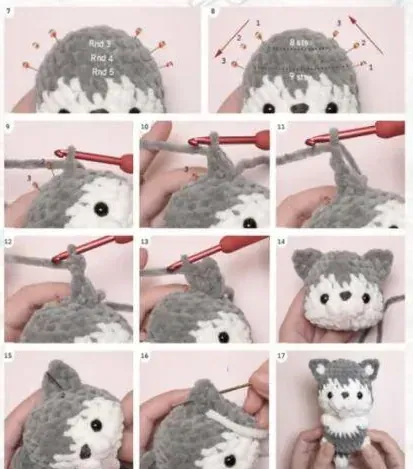 Husky pointed ears worked from marked positions on the head