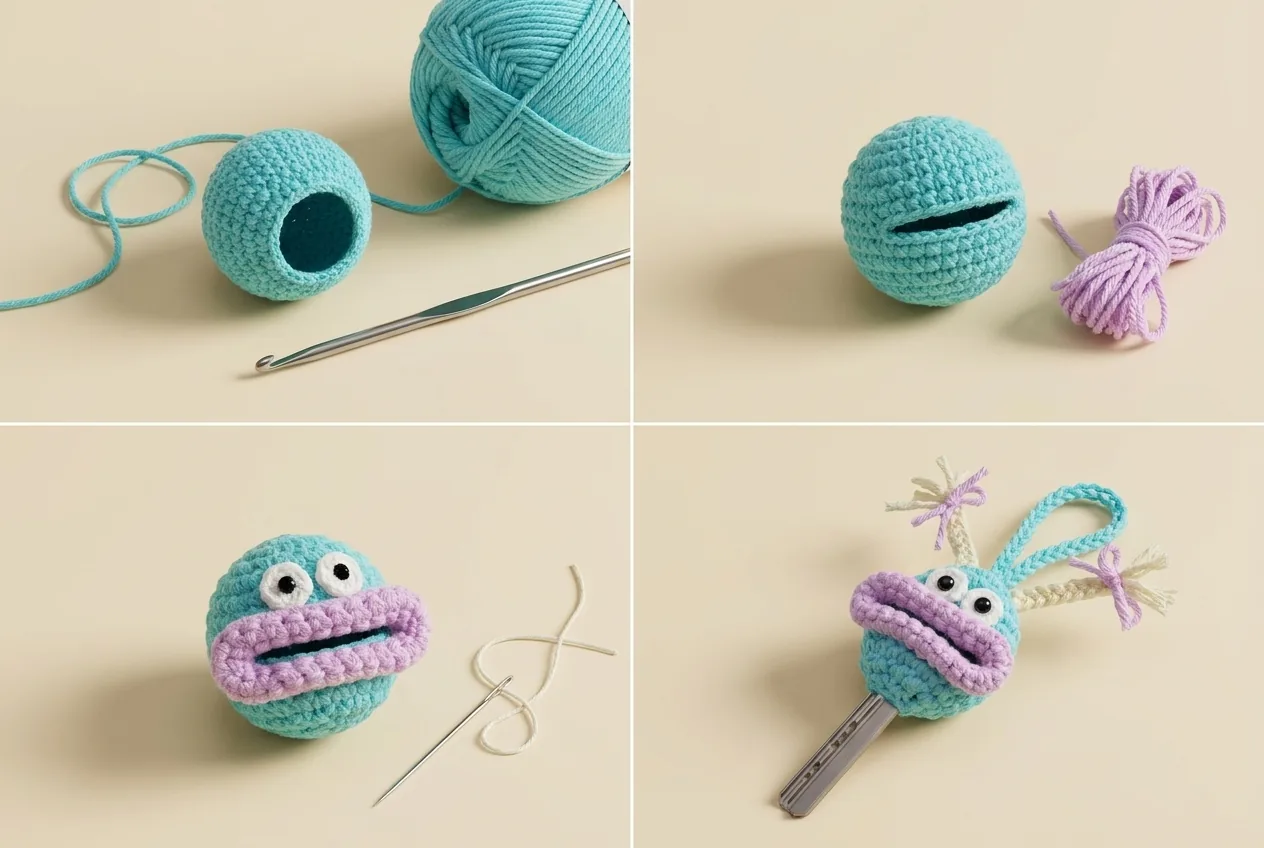 AI-generated conceptual assembly stages for a crochet monster key cover, not verified process photographs