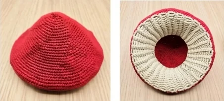 Completed cap before spots: red crown outside and radiating beige gills underneath.
