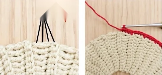 Cap pickup: three sc enter a tall row-end; the red edge continues around the gill ring.
