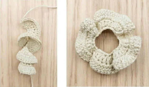 Collar sequence: the flat ruffle naturally curls; sew its short ends to form a ring.