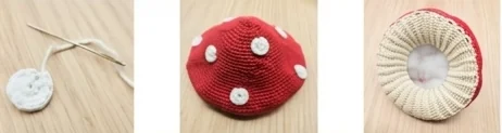 Spot and stuffing sequence: small white circle, spotted red dome, and filling visible through the underside opening.