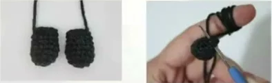 Two black crocheted arms beside a finger showing the narrowed opening