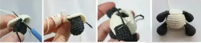 Four sequential photos showing black legs joined while crocheting the white body