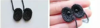 Two black crocheted oval eye patches, followed by patches fitted with eyes