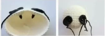 Inside and front views of the panda head showing the positioned black eye patches