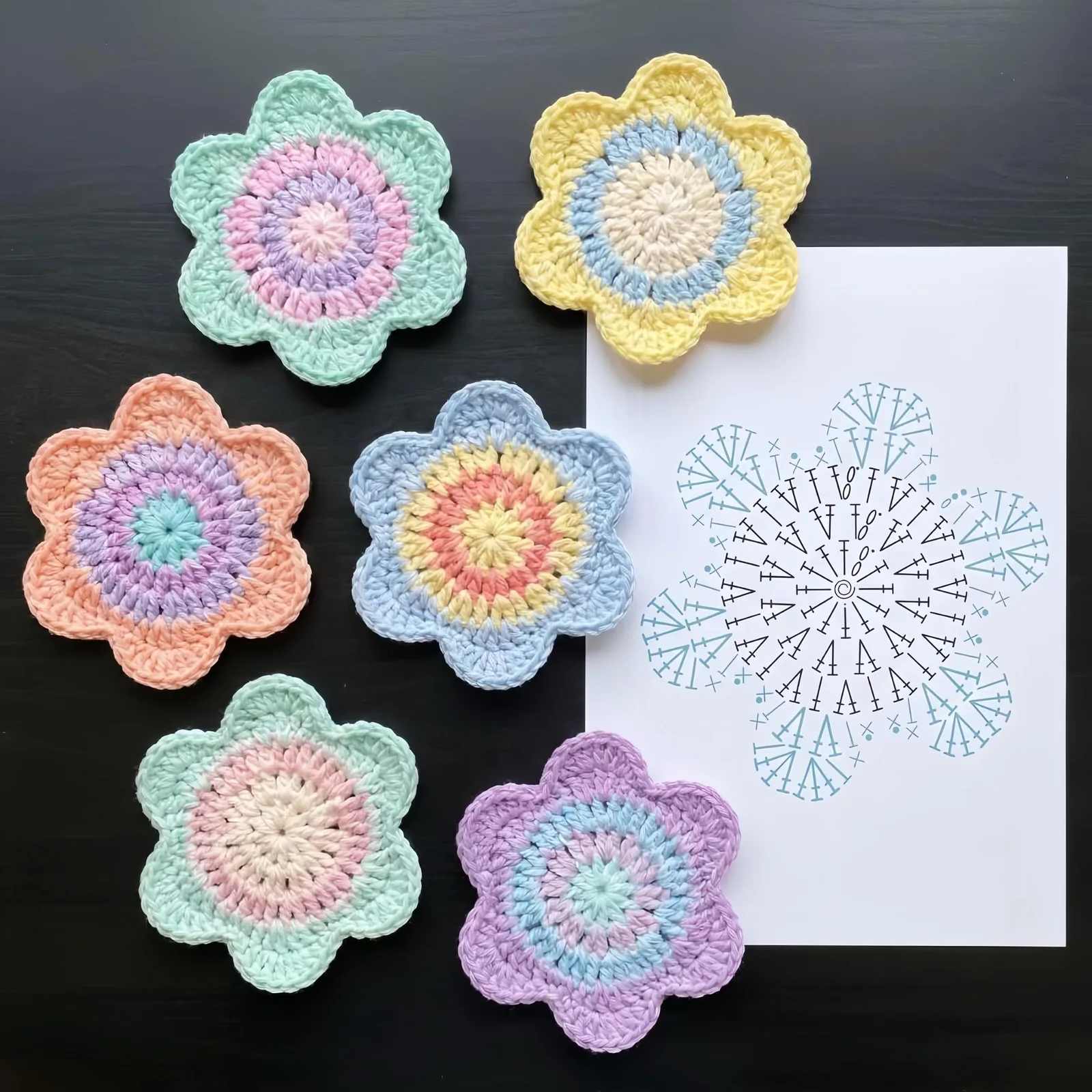 Pastel rounded crochet flower motifs arranged beside a stitch diagram