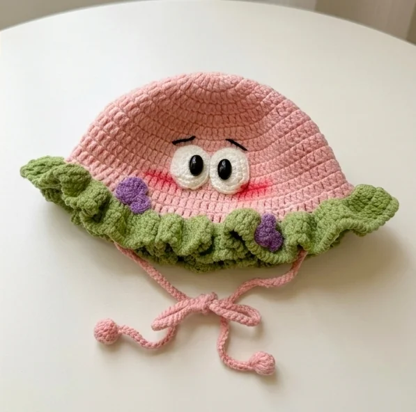AI finished crochet ruffle hat concept with pink crown, green brim and purple flowers