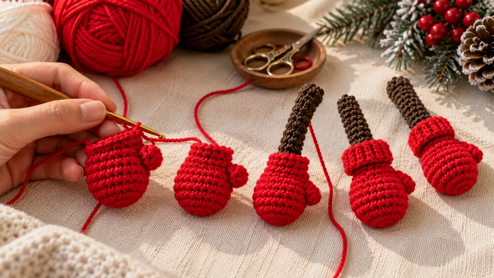 Realistic step photo showing red crochet mittens thumb bobbles brown arms and cuffs