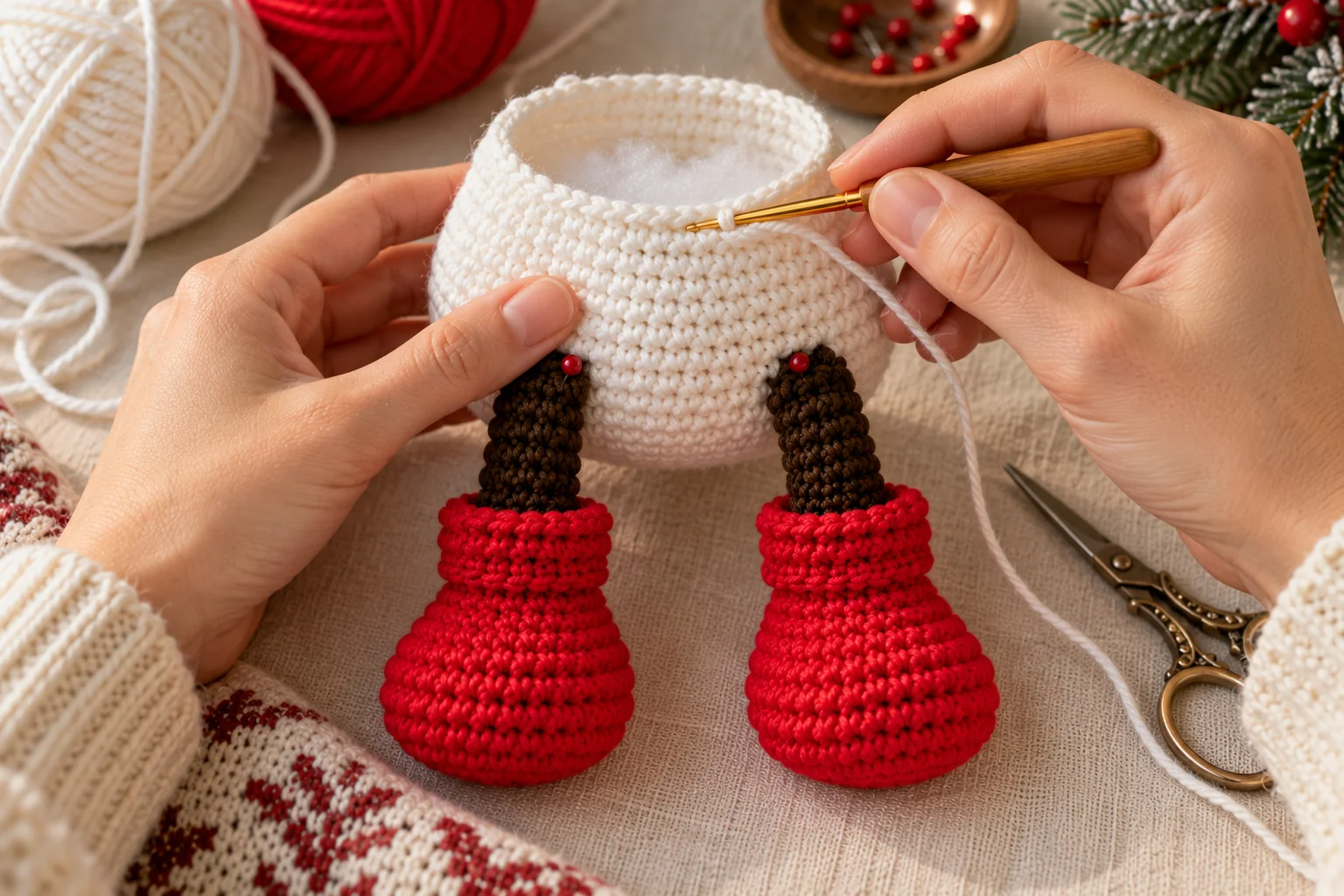 Hands crocheting the white snowman body after attaching both brown legs and red boots