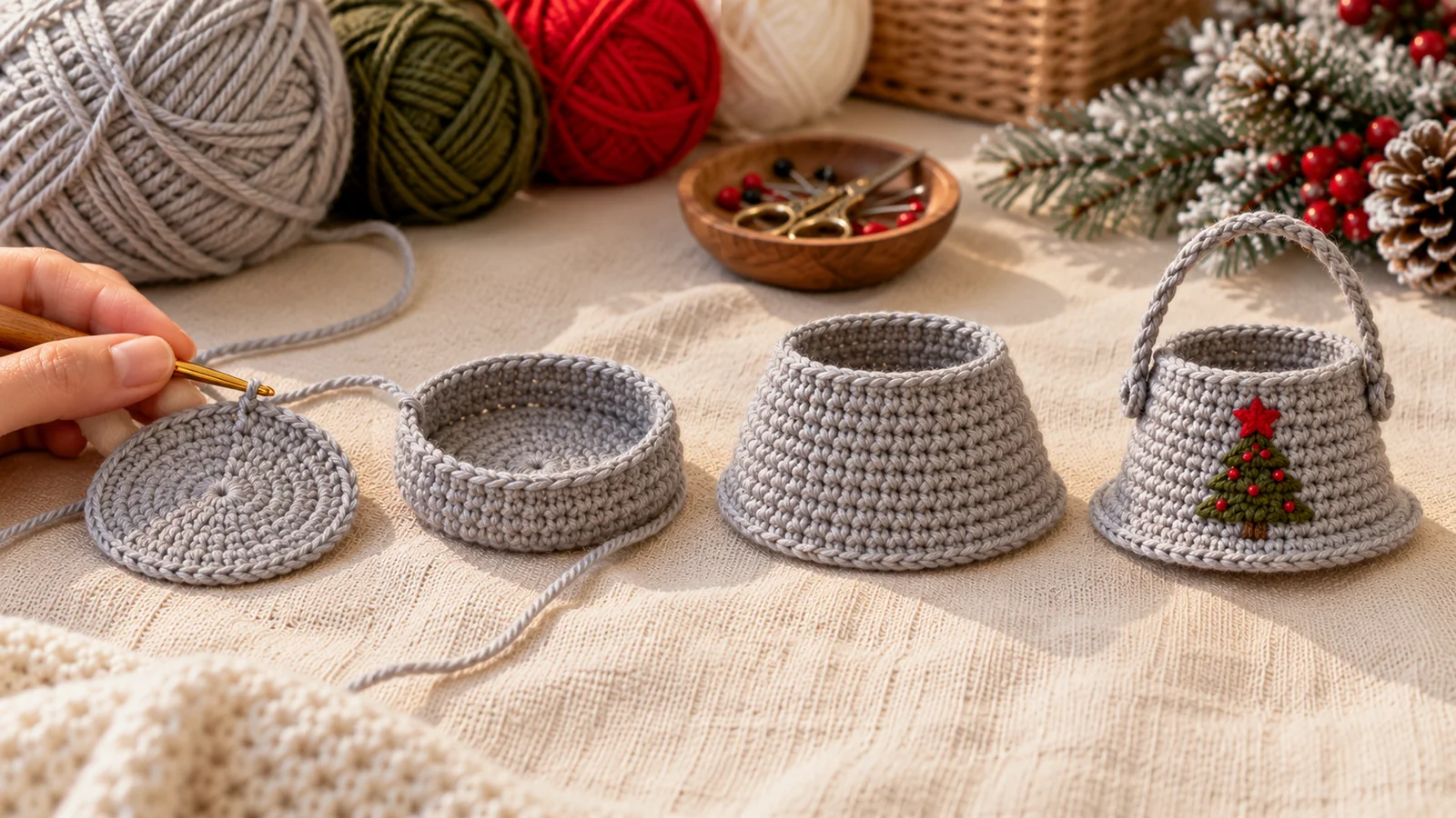 Gray crochet bucket hat construction from flat crown through sides brim embroidery and handle