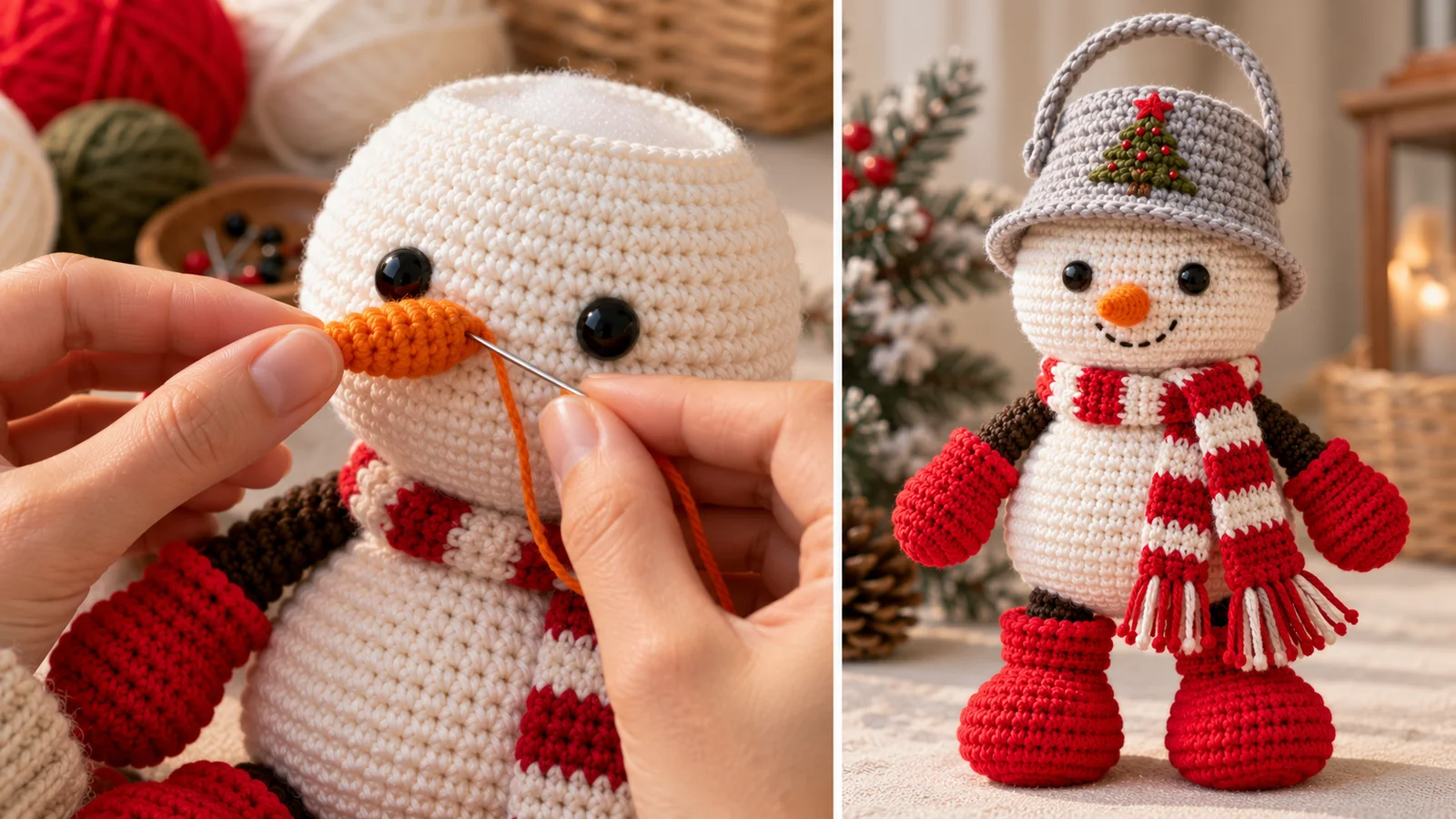 Carrot nose attachment and the fully assembled crochet snowman with scarf hat mittens and boots