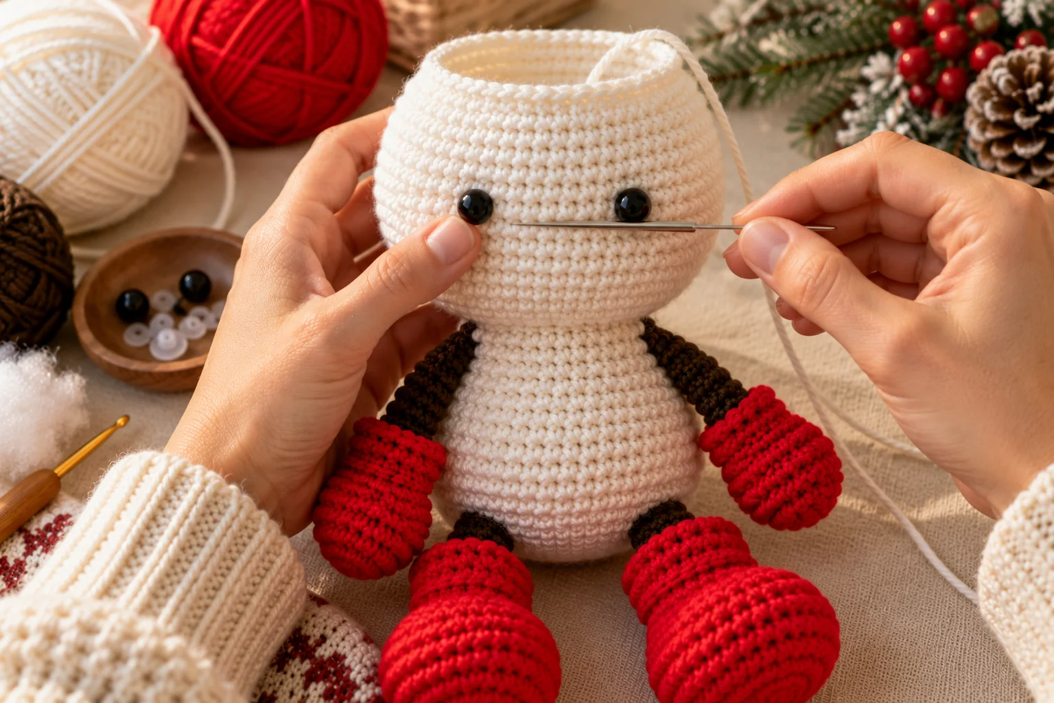 Hands positioning two black safety eyes evenly on the crochet snowman head