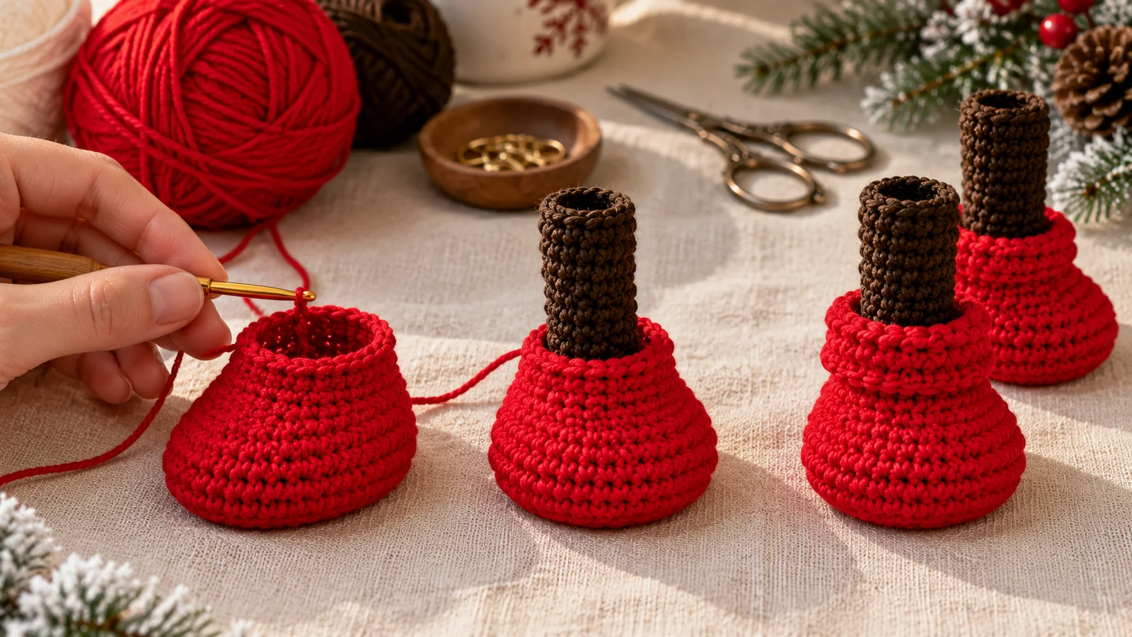 Realistic step photo showing the red crochet boots brown legs and folded cuffs