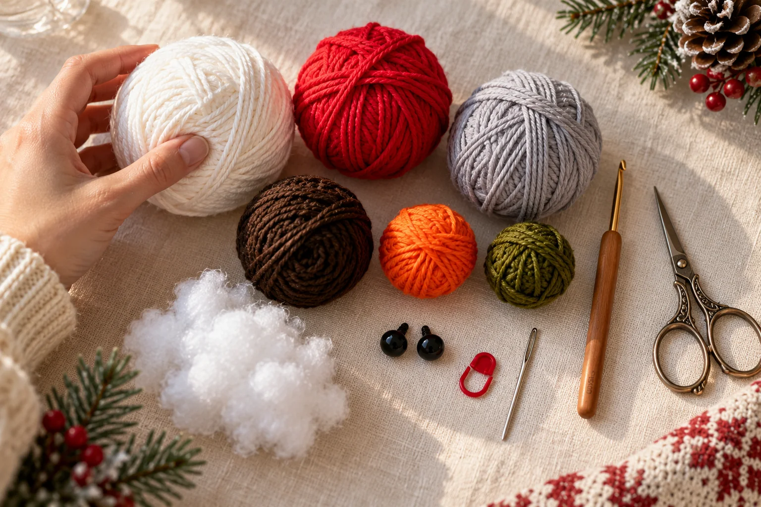White red gray brown orange and olive yarn with crochet hook stuffing safety eyes scissors and notions