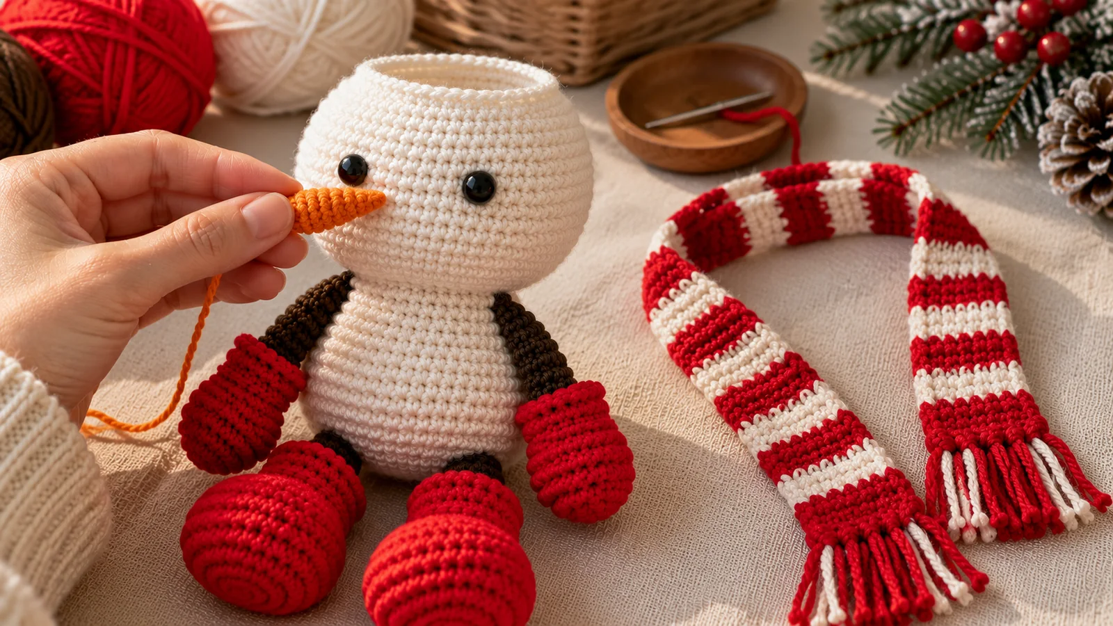 Crochet snowman with safety eyes as the orange carrot nose is positioned beside the striped scarf