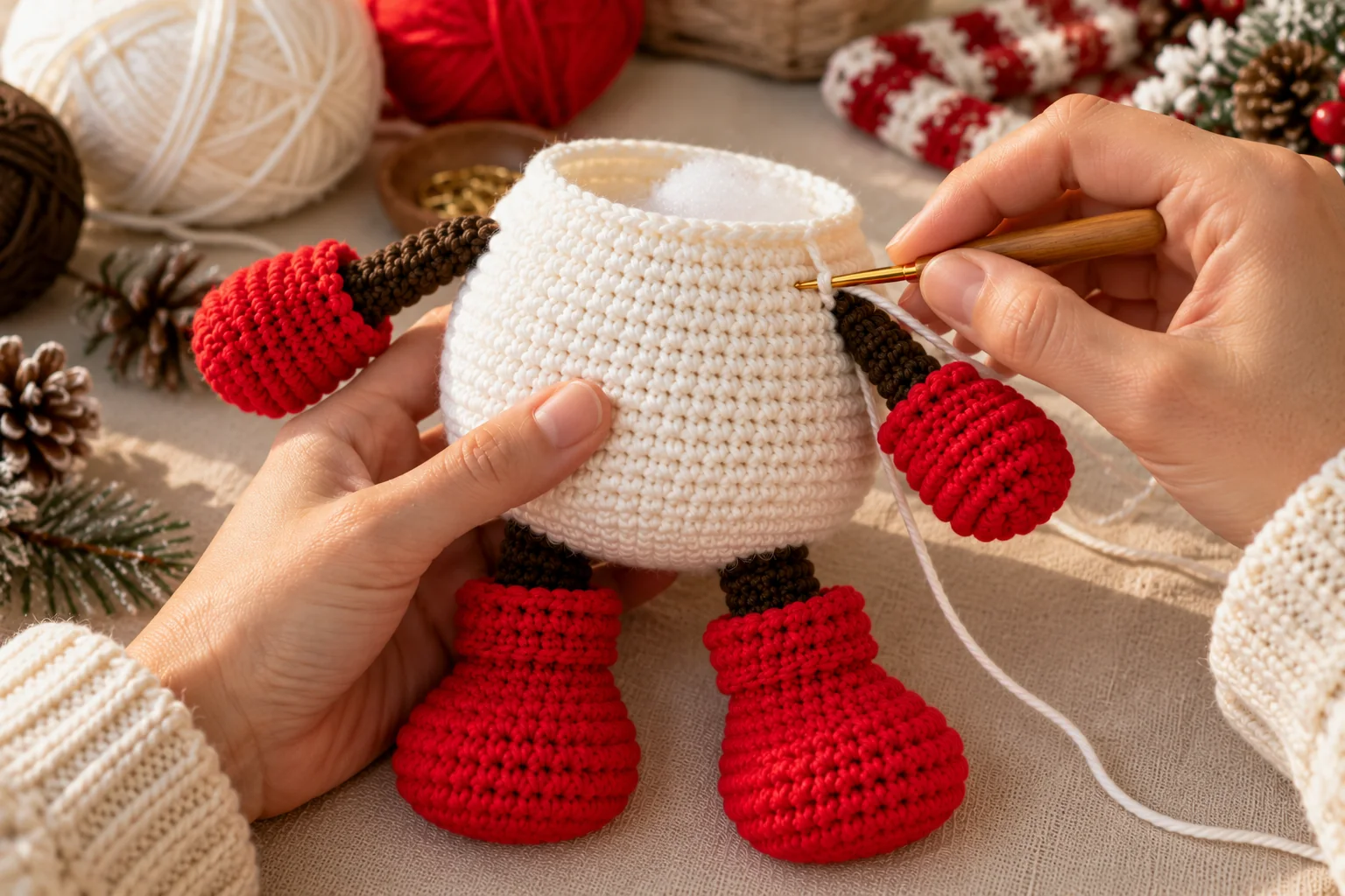 Hands attaching the finished mitten arms to the shaped white crochet snowman torso