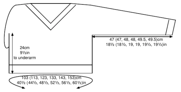 Original cropped V-neck jumper schematic showing chest and sleeve measurements